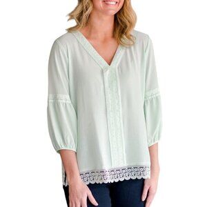 The Pioneer Woman Sage Green Crochet Trim Peasant Blouse With 3/4 Sleeves Size M